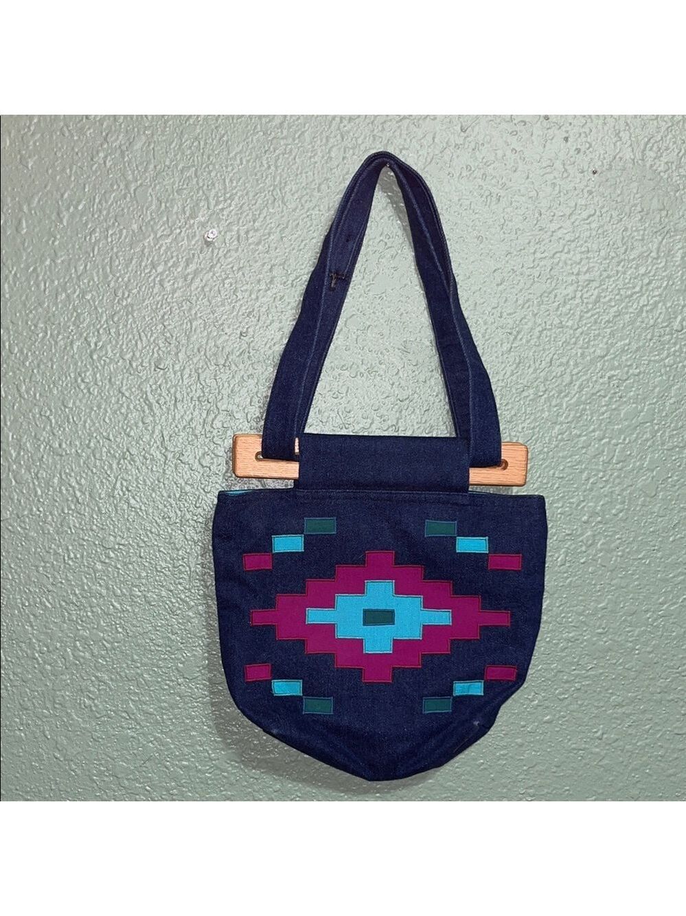 1970s Novelty Denim Geometric Aztec Wood Detail Top Handle Purse